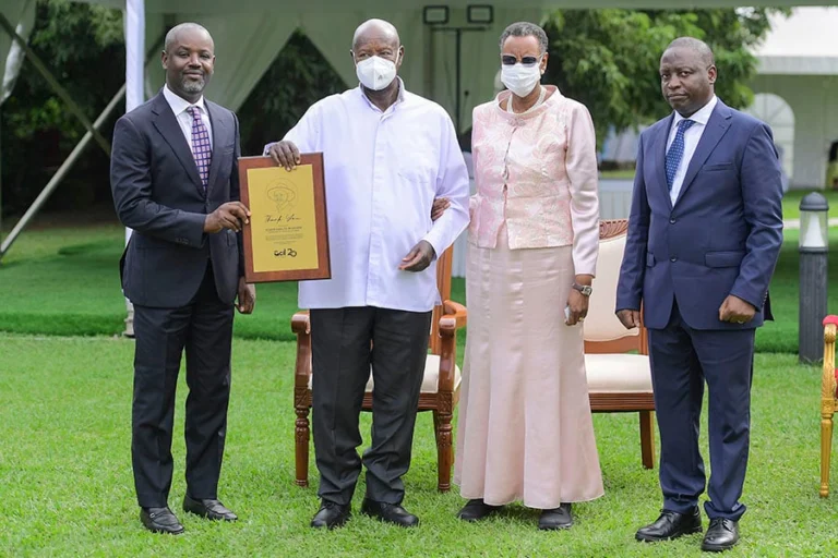 Deputy Speaker Thomas Tayebwa and junior trade minister David Bahati with the President and First Lady at State House Entebbe