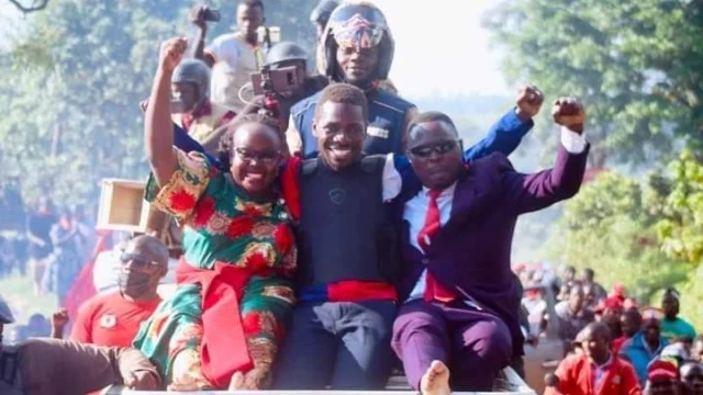 Newly elected Mityana Woman MP Hon Joyce Bagala (left), NUP Presidential Candidate Hon Kyagulanyi Ssentamu and Hon Zaake during a rally in Mityana in 2021