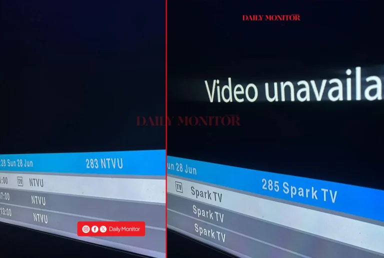 This picture, taken on June 28, 2026, shows a television screen displaying NTV Uganda and Spark TV channels on DSTV after the stations were taken off air by security operatives in Kampala