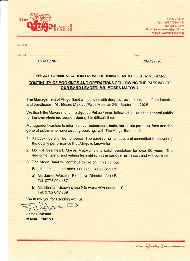 Afrigo Band Vows to Continue Operations After Moses Matovu’s Death