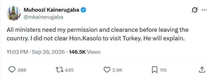 Statement by Muhoozi. A screengrab by PD Digital posted by @mkainerugaba X