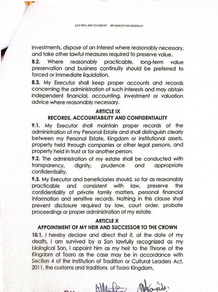The late Omukama Oyo Nyimba Kabamba Iguru Rukidi IV’s 2022 Will sets out a clear line of succession to the Tooro throne page 2
