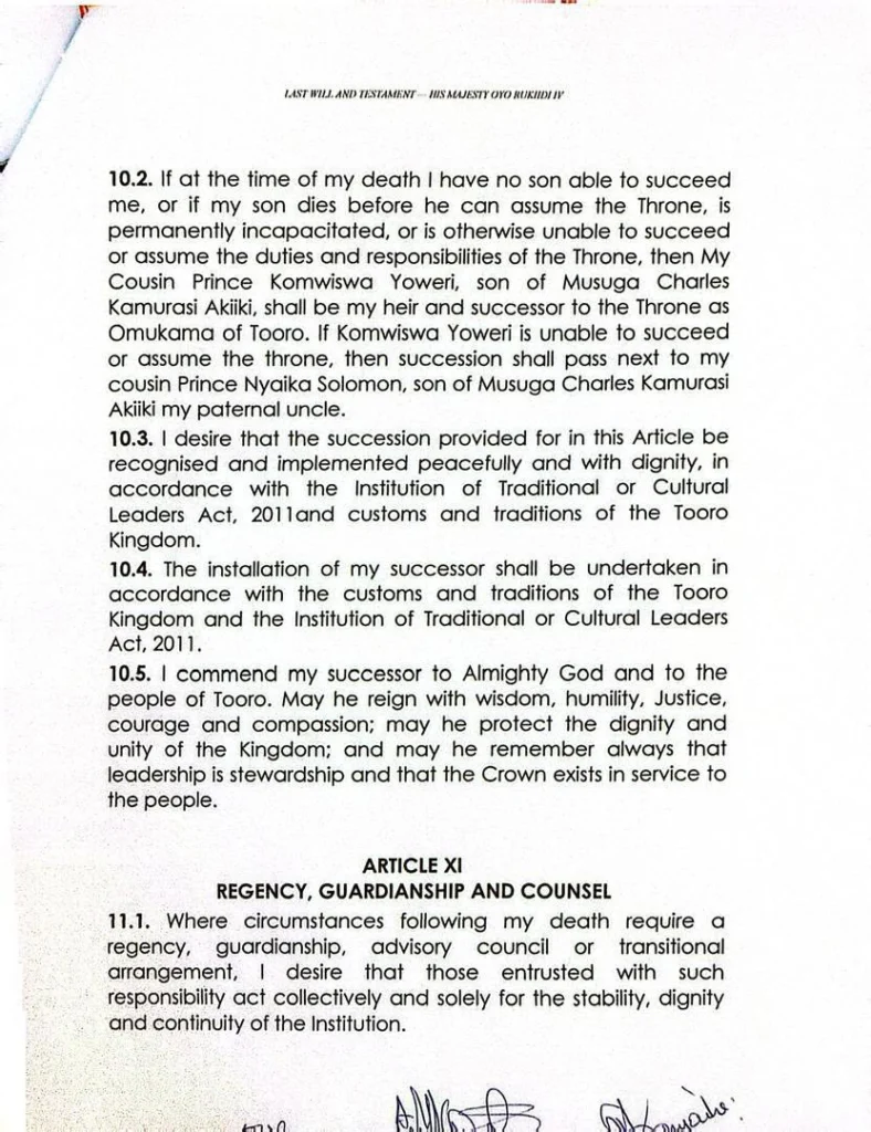 The late Omukama Oyo Nyimba Kabamba Iguru Rukidi IV’s 2022 Will sets out a clear line of succession to the Tooro throne page 3