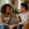 Adult couple discussing boundaries and managing sexual urges in a celibate relationship.